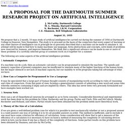 A PROPOSAL FOR THE DARTMOUTH SUMMER RESEARCH PROJECT ON ARTIFICIAL INTELLIGENCE