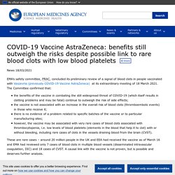 COVID-19 Vaccine AstraZeneca: benefits still outweigh the risks despite possible link to rare blood clots with low blood platelets