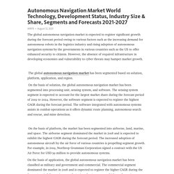 Autonomous Navigation Market World Technology, Development Status, Industry Size & Share, Segments and Forecasts 2021-2027 – Telegraph
