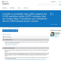 A hotfix is available that adds support for GUID partition table (GPT) volumes that are larger than 2 terabytes on a Windows Server 2003-based server cluster