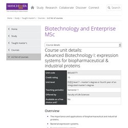 Advanced Biotechnology I: expression systems for biopharmaceutical & industrial proteins - course unit details - Biotechnology and Enterprise MSc - 2016 entry - course details