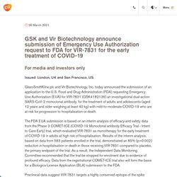 26.03.21 GSK and Vir Biotechnology announce submission of Emergency Use Authorization request to FDA for VIR-7831 for the early treatment of COVID-19