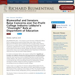 4/30/18: Blumenthal and Senators Raise Concerns over For-Profit College Industry Lobbyist's "Oversight" Role at Dept of Ed