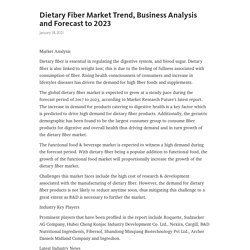 May 2021 Report on Global Dietary Fiber Market Size, Share, Value, and Competitive Landscape 2021