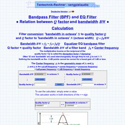 Q factor vs bandwidth in octaves band filter -3 dB pass calculator calculation formula quality factor Q to bandwidth BW width octave convert filter BW octave vibration mastering slope dB/oct steepness EQ filter equalizer cutoff freqiency