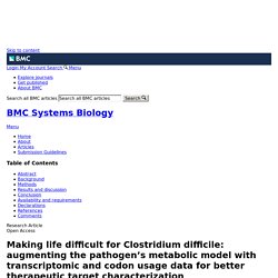 BMC SYSTEMS BIOLOGY 16/02/17 Making life difficult for Clostridium difficile: augmenting the pathogen’s metabolic model with transcriptomic and codon usage data for better therapeutic target characterization
