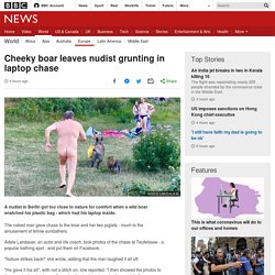 Cheeky boar leaves nudist grunting in laptop chase