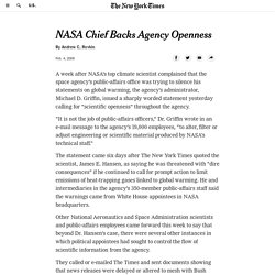 NASA Chief Backs Agency Openness