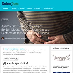 Apendicitis: Clasificación y Tipos, Epidemiología, Fisiopatología, Causas, Factores de Riesgo, Síntomas, Signos, Tratamiento, Pruebas La apendicitis se clasifica ampliamente en las siguientes categorías - Dolor