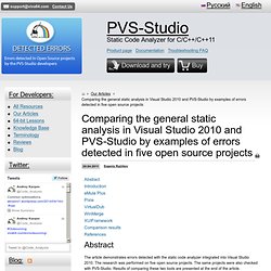 Comparing the general static analysis in Visual Studio 2010 and PVS-Studio by examples of errors detected in five open source projects