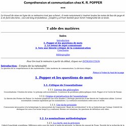 Compréhension et communication chez K.R. Popper, 1995 - Table des matières - Table des matières