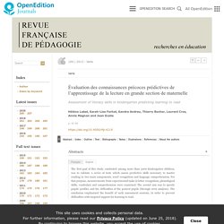 Évaluation des connaissances précoces prédictives de l’apprentissage de la lecture en grande section de maternelle