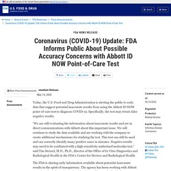 Coronavirus (COVID-19) Update: FDA Informs Public About Possible Accuracy Concerns with Abbott ID NOW Point-of-Care Test