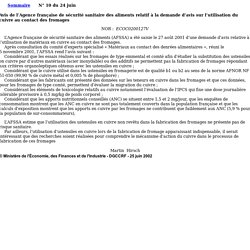 BOCCRF 24/06/02 Avis de l'Agence française de sécurité sanitaire des aliments relatif à la demande d'avis sur l'utilisation du cuivre au contact des fromages