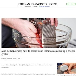 Man demonstrates how to make fresh tomato sauce using a cheese grater 