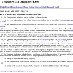 RESERVE BANK ACT 1959 - SECT 11 Differences of opinion with Government on questions of policy