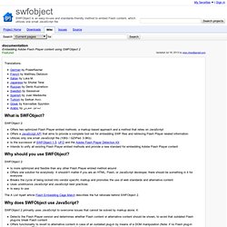 documentation - swfobject - Embedding Adobe Flash Player content using SWFObject 2 - SWFObject is an easy-to-use and standards-friendly method to embed Flash content, which utilizes one small JavaScript file