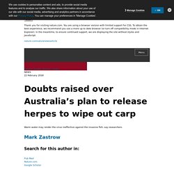 NATURE 22/02/18 Doubts raised over Australia’s plan to release herpes to wipe out carp - Warm water may render the virus ineffective against the invasive fish, say researchers.