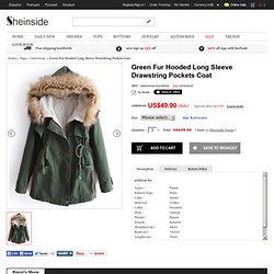 Green Fur Hooded Long Sleeve Drawstring Pockets Coat