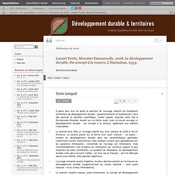 Lazzeri Yvette, Moustier Emmanuelle, 2008, Le développement durable. Du concept à la mesure, L’Harmattan, 153 p.