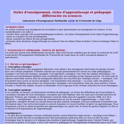 Styles d'enseignement, styles d'apprentissage et pédagogie différenciée en sciences - LEM - ULg