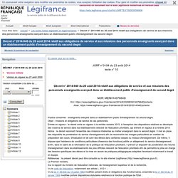 2014-940 du 20 août 2014 relatif aux obligations de service et aux missions des personnels enseignants exerçant dans un établissement public d'enseignement du second degré