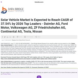Solar Vehicle Market Is Expected to Reach CAGR of 37.54% by 2026 Top Leaders - Daimler AG, Ford Motor, Volkswagen AG, ZF Friedrichshafen AG, Continental AG, Tesla, Nissan