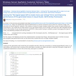 Solving the “No logical space left to create more user strings” Error and Improving performance of Pre-generated Views in Visual Studio .NET4 Entity Framework - Windows Server AppFabric Customer Advisory Team