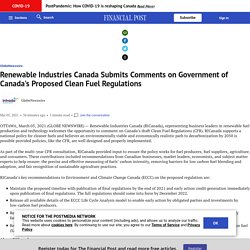 Renewable Industries Canada Submits Comments on Government of Canada's Proposed Clean Fuel Regulations