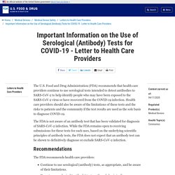 Important Information on the Use of Serological (Antibody) Tests for COVID-19 - Letter to Health Care Providers