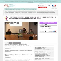 Culture informationnelle et enseignement info-documentaire : des pratiques ordinaires à la raison scientifique - FADBEN - Fédération des enseignants documentalistes de l’Éducation nationale