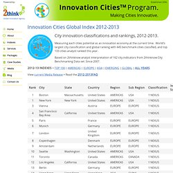 Innovation Cities Global Index 2012-2013 from 2thinknow : City Rankings List » Innovation Cities Program & Index: City Innovation for USA, Canada, Australia/NZ, Europe, Asia, Latin America, Mid-East