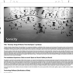 Sonicity is a responsive installation, a sonification of the space. The sounds you hear are the sound of the changing environment, ie the changes of noise, light, temperature of the space is turned into a real time sound stream using dozens of wireless se
