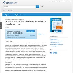 ONCOLOGIE - 2010 - Intérêts et conflits d’intérêts: le point de vue d’un expert