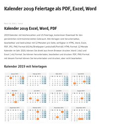 Kalender 2019 Feiertage als PDF, Excel, Word