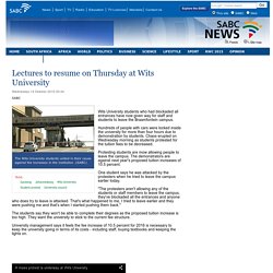 Lectures to resume on Thursday at Wits University:Wednesday 14 October 2015