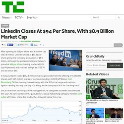 LinkedIn Closes At $94 Per Share, With $8.9 Billion Market Cap