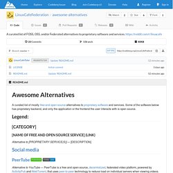 LinuxCafeFederation/awesome-alternatives: A curated list of FOSS, OSS, and/or Federated alternatives to proprietary software and services. - awesome-alternatives - Codeberg.org