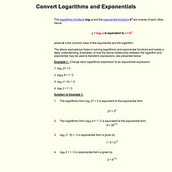 Convert Logarithms and Exponentials The logarithmic functions logb x ...