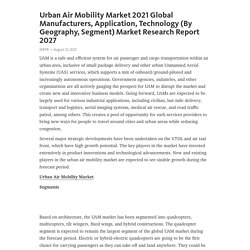 Urban Air Mobility Market 2021 Global Manufacturers, Application, Technology (By Geography, Segment) Market Research Report 2027 – Telegraph