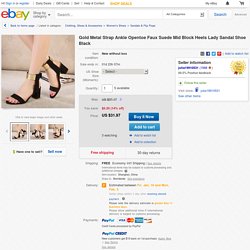 Gold Metal Strap Ankle OpenToe Faux Suede Mid Block Heels Lady Sandal Shoe Black