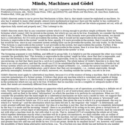 Minds, Machines and Gödel <P>