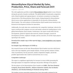 Monoethylene Glycol Market By Sales, Production, Price, Share and Forecast 2031 – Telegraph