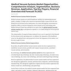 Medical Vacuum Systems Market Opportunities, Comprehensive Analysis, Segmentation, Business Revenue, Application, Top Key Players, Financial Overview And Forecast To 2023 – Telegraph