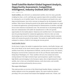 Small Satellite Market Global Segment Analysis, Opportunity Assessment, Competitive Intelligence, Industry Outlook 2021-2027 – Telegraph