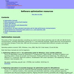 Software optimization resources. C++ and assembly. Windows, Linux, BSD, Mac OS X