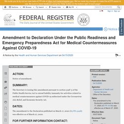 Amendment to Declaration Under the Public Readiness and Emergency Preparedness Act for Medical Countermeasures Against COVID-19