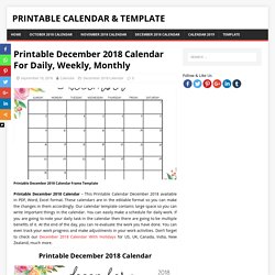 Printable December 2018 Calendar For Daily, Weekly, Monthly