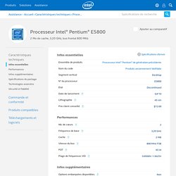 Processeur Intel® Pentium® E5800 (2 Mo de cache, 3,20 GHz, bus frontal 800 MHz) Caractéristiques techniques
