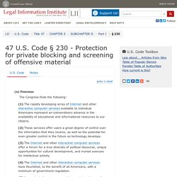 47 U.S. Code § 230 - Protection for private blocking and screening of offensive material